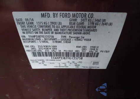 2015 Ford Taurus Limited z USA, uszkodzony, nr VIN 1FAHP2J87FG125758